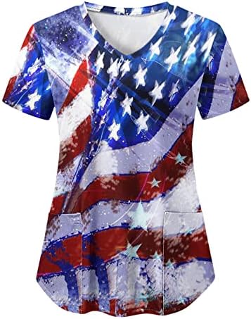 Женска Тениска с 4-ти юли, Флаг на САЩ, Летни Тениски с Къс ръкав и V-образно деколте, 2 Джоба, Блуза, Топ, Празнична Ежедневни работни Дрехи
