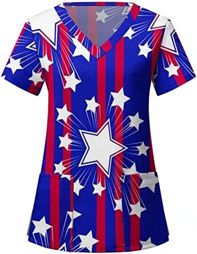 Женска тениска с 4-ти юли, Американското Знаме, Лятна Тениска с Къс ръкав и V-образно деколте, 2 Джоба, Блузи, Празнична Ежедневни работни Дрехи