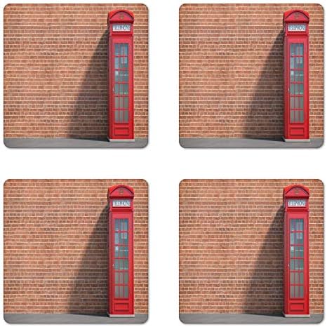 Набор на каботажните за телефонна кабина Ambesonne от 4 парчета, Култов британски Телефонен павилион на Тухлена стена Лондон на градската среда, Квадратни Гланц Влакче?