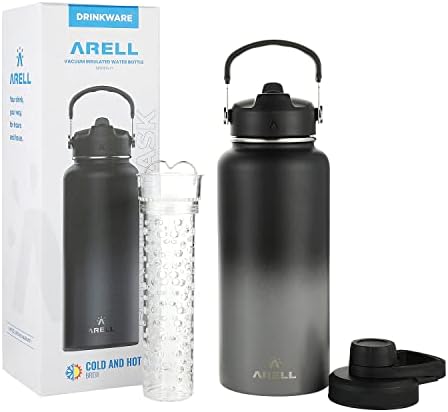 Спортна бутилка за вода ARELL с широко гърло - Запечатани, с вакуумна изолация за топли и студени напитки - Метална колба с двойни стени, непромокаемой слама, капак, кап