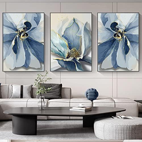 Сини Флорални Картини, монтиран на стената Артистичен Интериор за Спални, Модерен Индиго, Абстрактни Сини и Златни Стенни Художествени