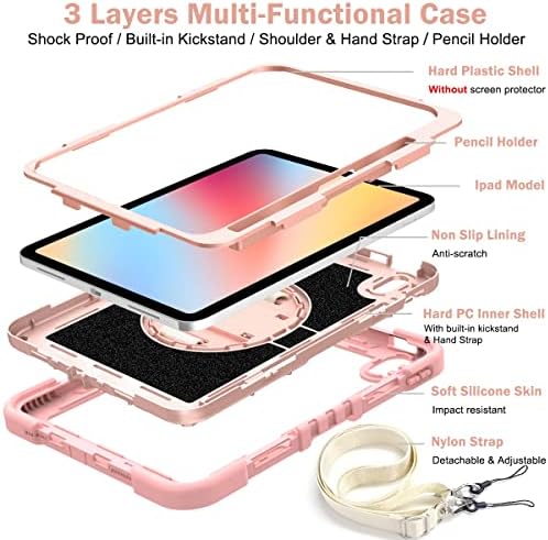 Калъф за таблет LONUO устойчив на удари Здрав Защитен калъф Здрав Въртящ се на 360 Градуса Скоба Калъф е Съвместим с iPad на 10-то поколение 10,9 см 2022 Чанти Ръкав (Цвят: Rose gold)