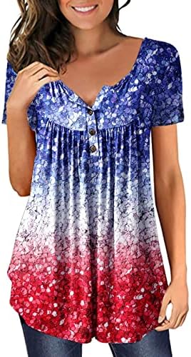 На 4 юли, Туники с Флага на САЩ, Дамски Ризи, Скрывающие Мазнини по Корема, Летни Дневни Празнични Блузи с Къс Ръкав и V-образно деколте и копчета