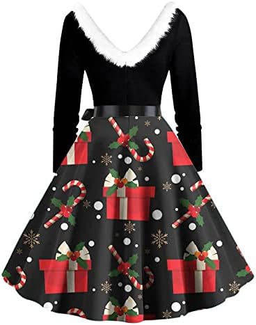 Пушистое Коледна Рокля за жените, Винтажное Коледна Рокля на 1950-те Години, с дълъг ръкав и V-образно деколте, Коктейлни Рокли за Абитуриентски бал в стил Рок