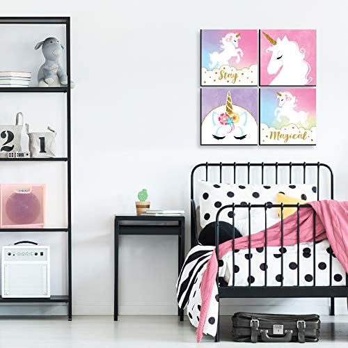 Голяма точка щастие Rainbow Unicorn - Детска стая, Обзавеждане за детска стая и Дома - Стенно изкуство за детска стая с размери 11 х 11 см - Комплект от 4 щампи за детска стая
