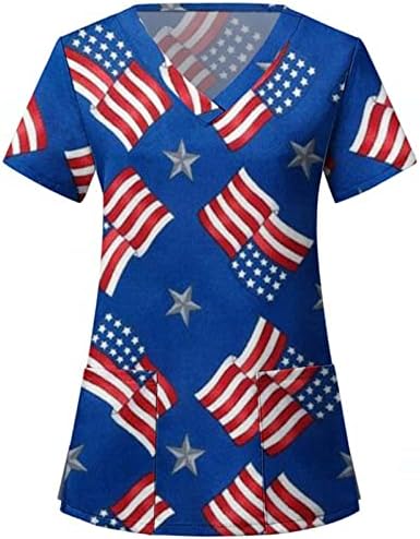 Женска тениска с 4-ти юли, Американското Знаме, Лятна Тениска с Къс ръкав и V-образно деколте, 2 Джоба, Блузи, Празнична Ежедневни работни