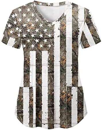 Женска Тениска с 4-ти юли, Флаг на САЩ, Летни Тениски с Къс ръкав и V-образно деколте, 2 Джоба, Блуза, Топ, Празнична Ежедневни работни