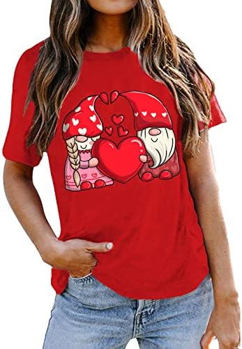 Хубава Дамска Блуза, Тениска на Свети Валентин Сладки Анимационни Принтом Любов Топ с Кръгло Деколте и Къси Ръкави