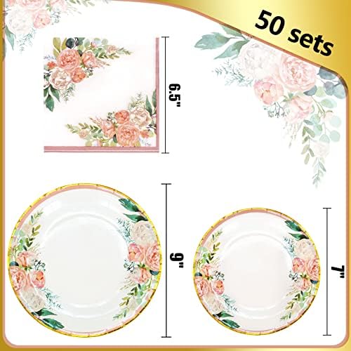 Комплекти хартиени чинии и салфетки за парти с цветя на 50 Души - Включват Еднократна употреба Хартиени Кът чинии за парти с цветя, Салфетка, за детската или на булчи?