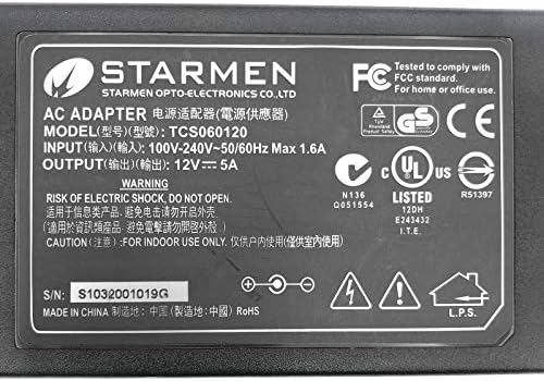 Starmen TCS060120 Захранване Зарядно Устройство ac Адаптер 12V 5A 60W с Кабел за Захранване