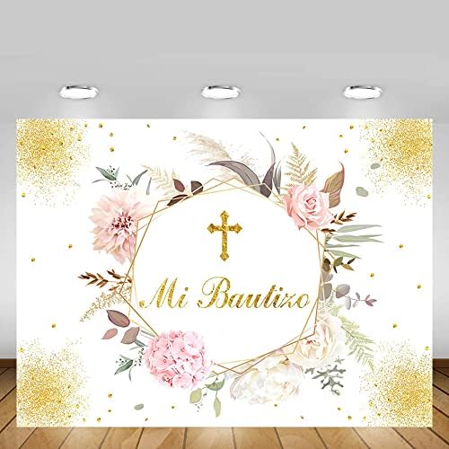 MEHOFOND Mi Bautizo на Фона Златното Благословия на Мексиканското Кръщение Момиче Първото нещо Свято Причастие Вечер Украса Бохо Розово