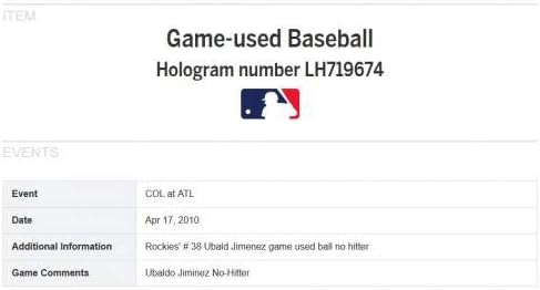 Ubaldo Хименес подписа Използвана игра 17.04.2010 Бейзбол Без Нападател Авто MLB Holo COA - MLB Използвани Бейзболни Топки