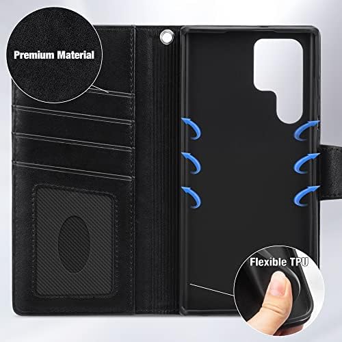 Чанта, съвместима с Samsung Galaxy S23 Ultra Case, една чанта-портфейл с панти капак-фолио [Стойка] с притежателите на карти с блокиране