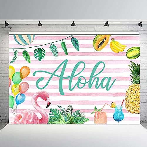 MEHOFOND 7x5ft Алоха Годишният Фон Плодове Фламинго, Тропически Хавайски Палмови Листа и Розови Ивици на Фон Момиче Рожден Ден на Бебе