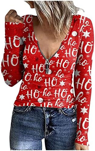 Жена Пуловер-Поло С U-образно деколте, Пуловер с цип С Принтом, Коледна Тениска с Дълъг ръкав, Сладки Пролетни Пуловери