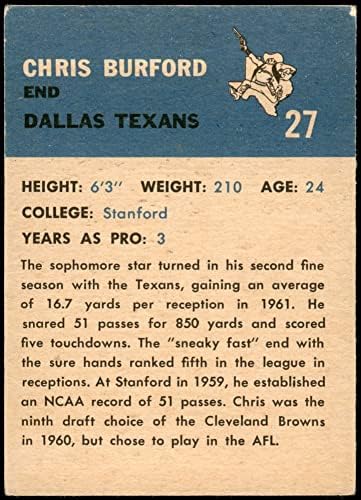 1962 Fleur 27 Крис Burford Далас Техасанс (Шефове) (Футболна карта) VG/БИВШ Texans (Шефове) Станфорд