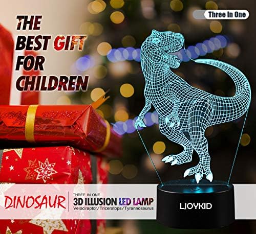 3D лека нощ с Динозавром - 3D Иллюзионная Лампа с три Мотиви и 7 Сменяеми цветя, Декоративна Лампа с Дистанционно управление за Деца,