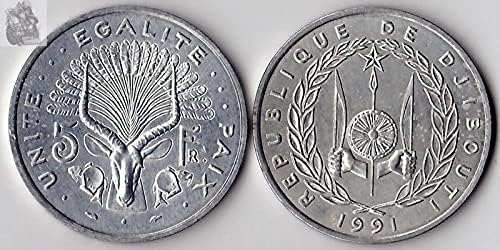 Африканска Монета Джибути по 5 Франка 1991 година на Издаване Чуждестранни Монети Събиране на монети