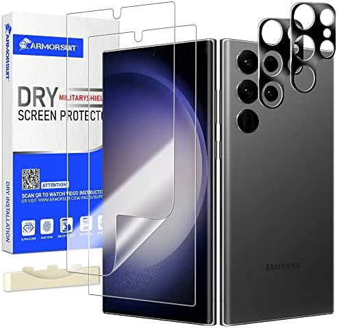 Бронекостюм (2 + 2 опаковки за Samsung Galaxy S23 Ultra Screen Protector DRY-Защитно фолио MilitaryShield 2 опаковки + Защитно фолио за обектива на камерата от закалено стъкло, 2 опаковки (6,8 инча,