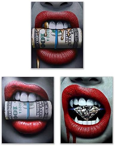 Снимки с червени устни - Комплект от 3 плакатных щампи (11 x 14 инча) - Diamond Money Gold
